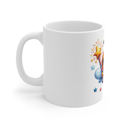 Cute Patriotic Bee Coffee Mug – Kawaii Bumblebee Fireworks Mug – Red White Blue Star Wand Cup – Adorable USA Gift Mug 11oz