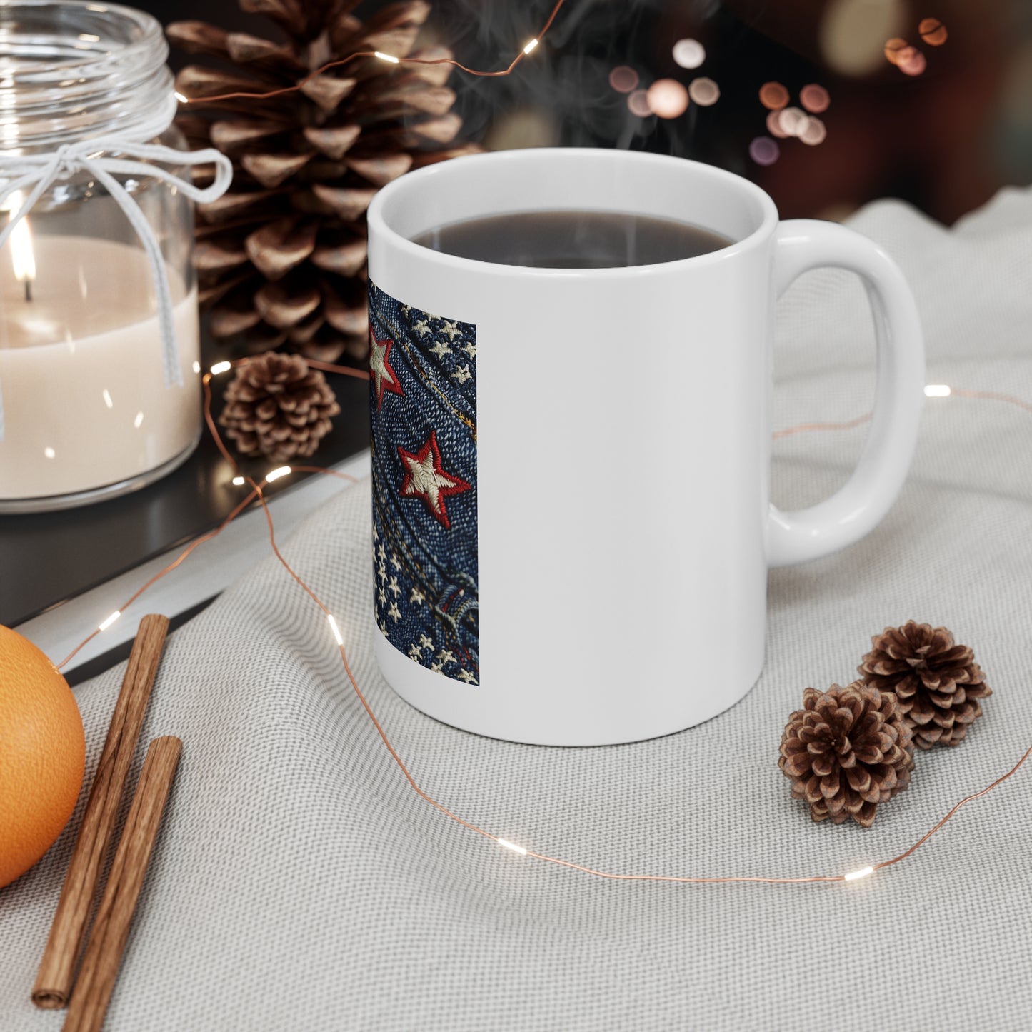 Denim American Flag Coffee Mug – Embroidered Stars Patriotic Mug – Shallow Focus Jeans Texture USA Cup – Rugged Americana Gift Patriotic Denim Stars Mug — 11oz Americana Coffee Cup