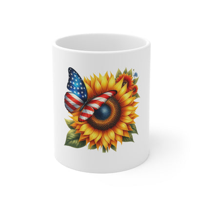 Patriotic Sunflower Mug with American Flag Butterfly — 11oz Coffee Cup