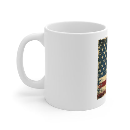 Distressed American Flag Coffee Mug – Grunge Patriotic USA Mug – Vintage Worn Flag 11oz Ceramic Cup – Gift for Veterans & Patriots