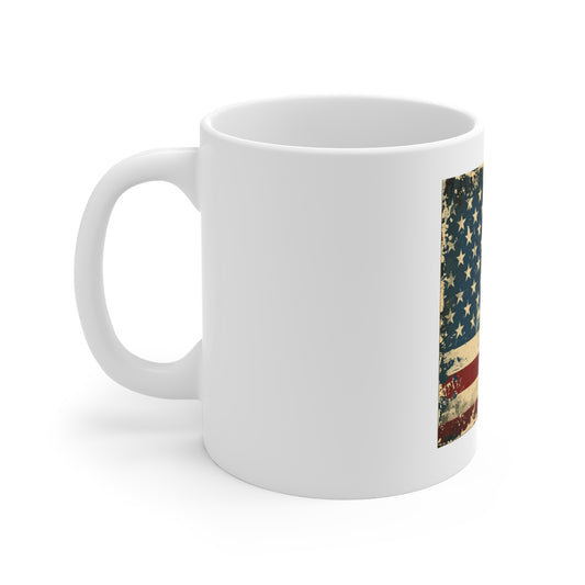 Distressed American Flag Coffee Mug – Grunge Patriotic USA Mug – Vintage Worn Flag 11oz Ceramic Cup – Gift for Veterans & Patriots