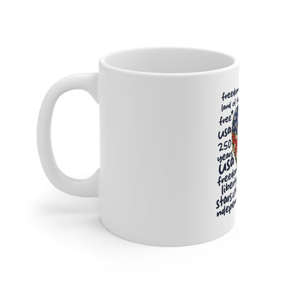 Patriotic Floral Heart Mug – Navy Typography USA Flower Heart Coffee Cup – 250 Years Freedom Design Mug 11oz