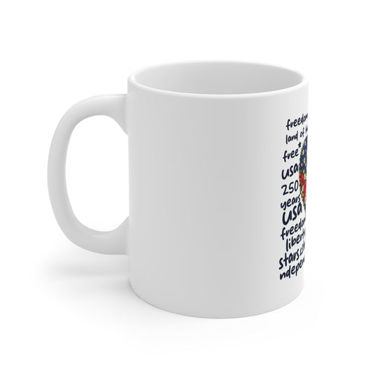 Patriotic Floral Heart Mug – Navy Typography USA Flower Heart Coffee Cup – 250 Years Freedom Design Mug 11oz