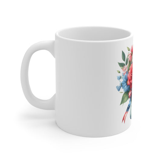 Patriotic Rose & Daisy Mason Jar Coffee Mug – Red White Blue Floral Bouquet Mug – Americana Ribbon Flower Cup – Romantic Patriotic Gift Mug Patriotic Floral Mason Jar Mug — 11oz Red Rose & Daisy...