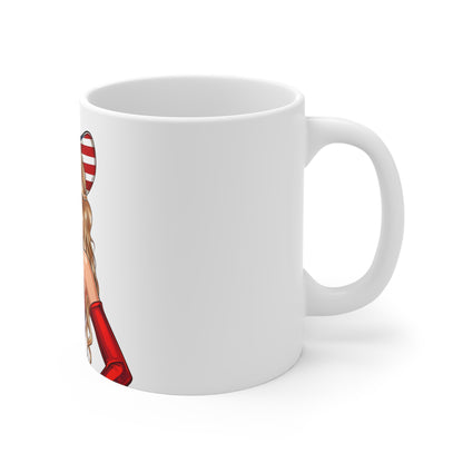 Patriotic Cowgirl Coffee Mug – USA Flag Hat Pin-Up Mug – Americana Western Woman Art Cup – Bold 4th of July Gift Mug 11oz