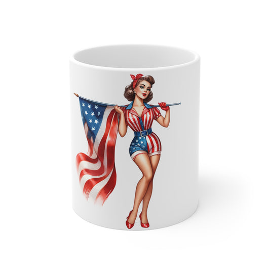 Retro Patriotic Pin-Up Flag Girl Mug – Vintage Americana Woman Coffee Cup – 4th of July USA Flag Art Mug – Classic Pinup Gift Patriotic Pin-Up 11oz Mug — American Flag Retro Girl Coffee Cup