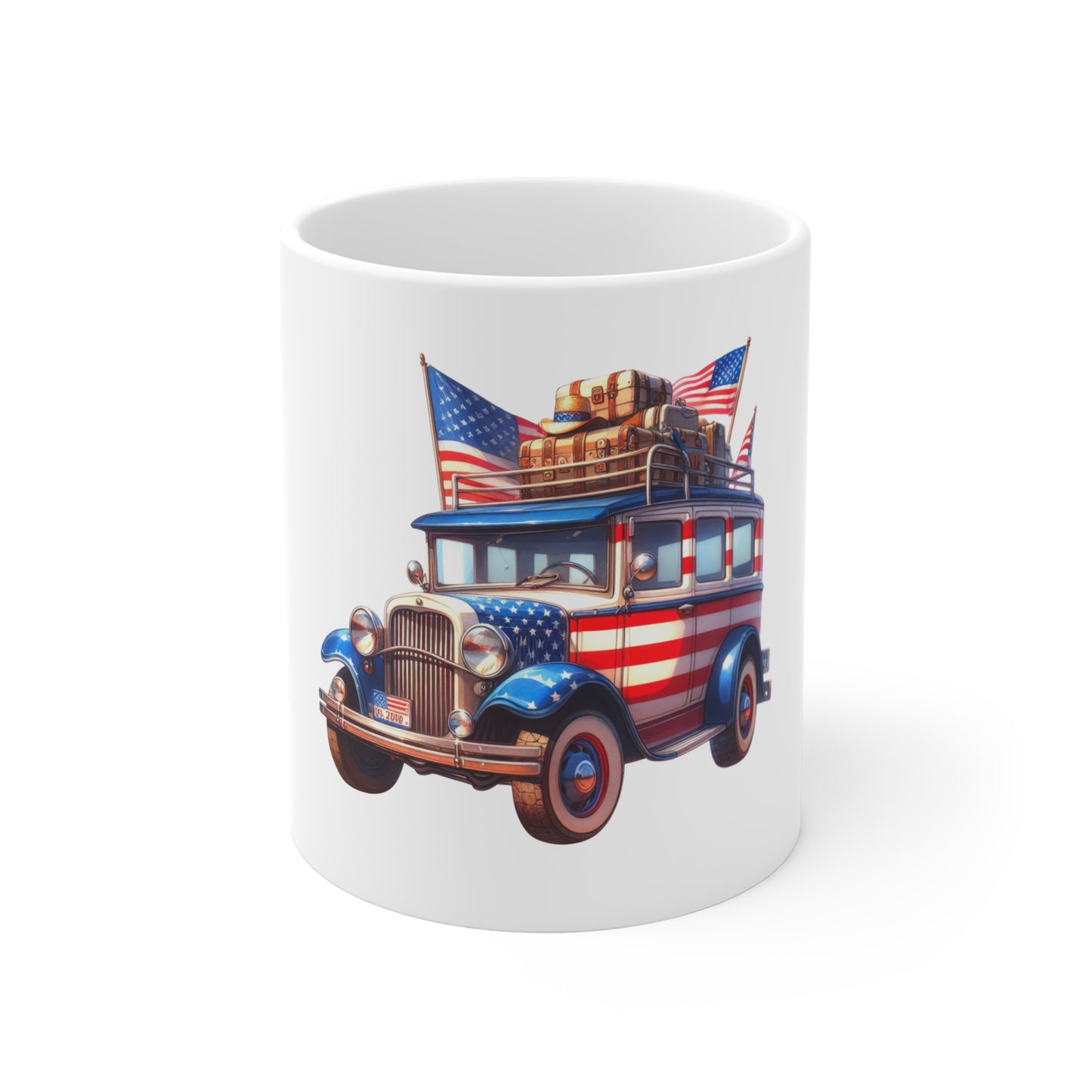 American Vintage Roadster Mug — Patriotic 11oz Coffee Cup with Flag-Striped Classic Car