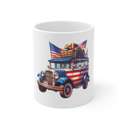 American Vintage Roadster Mug — Patriotic 11oz Coffee Cup with Flag-Striped Classic Car