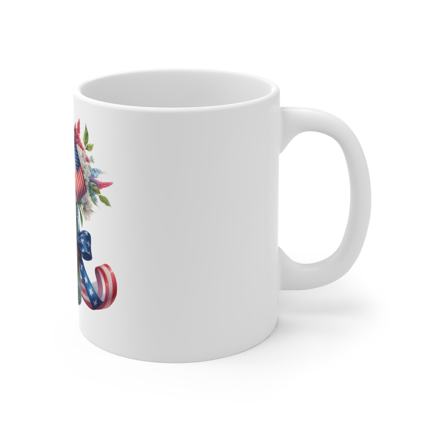 Patriotic Ribbon Floral Mason Jar Coffee Mug – Red White Blue Bouquet Mug – Americana Flag & Bow Cup – 4th of July Gift Mug Patriotic Floral Mason Jar Mug – American Flag Bouquet 11oz