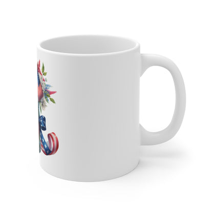 Patriotic Ribbon Floral Mason Jar Coffee Mug – Red White Blue Bouquet Mug – Americana Flag & Bow Cup – 4th of July Gift Mug Patriotic Floral Mason Jar Mug – American Flag Bouquet 11oz