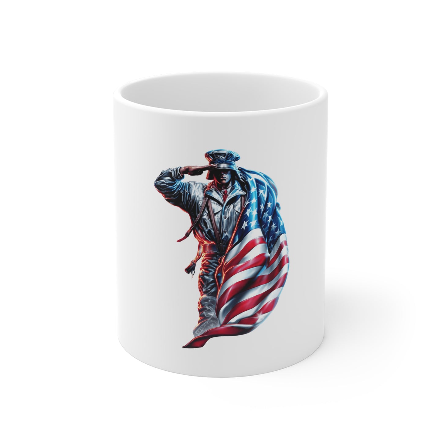 Patriotic Soldier Salute Coffee Mug – American Flag Military Tribute Mug – USA Veteran Honor Cup – Bold Freedom Gift Mug 11oz