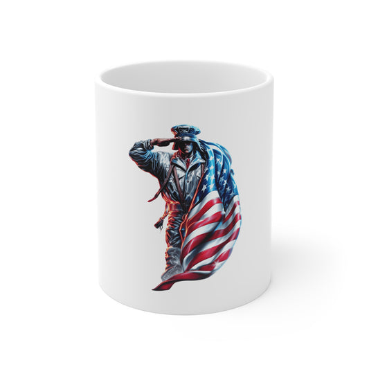 Patriotic Soldier Salute Coffee Mug – American Flag Military Tribute Mug – USA Veteran Honor Cup – Bold Freedom Gift Mug 11oz