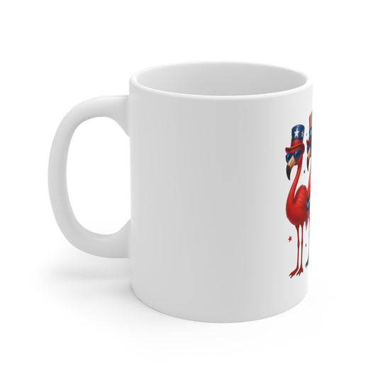 Patriotic Flamingo 11oz Mug — Red, White & Blue Fourth of July Coffee Cup
