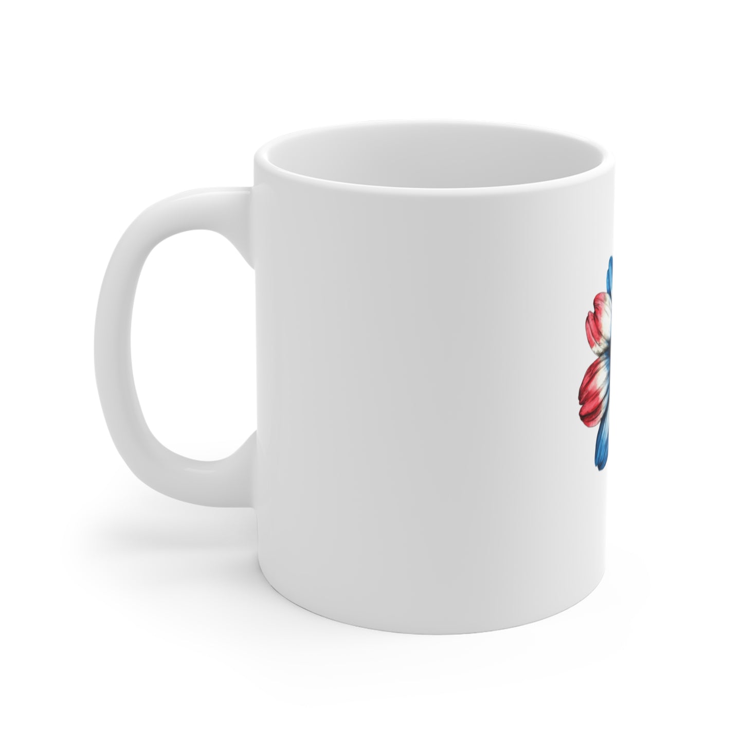 Patriotic Daisy 11oz Coffee Mug — Red White Blue Floral Tea Cup
