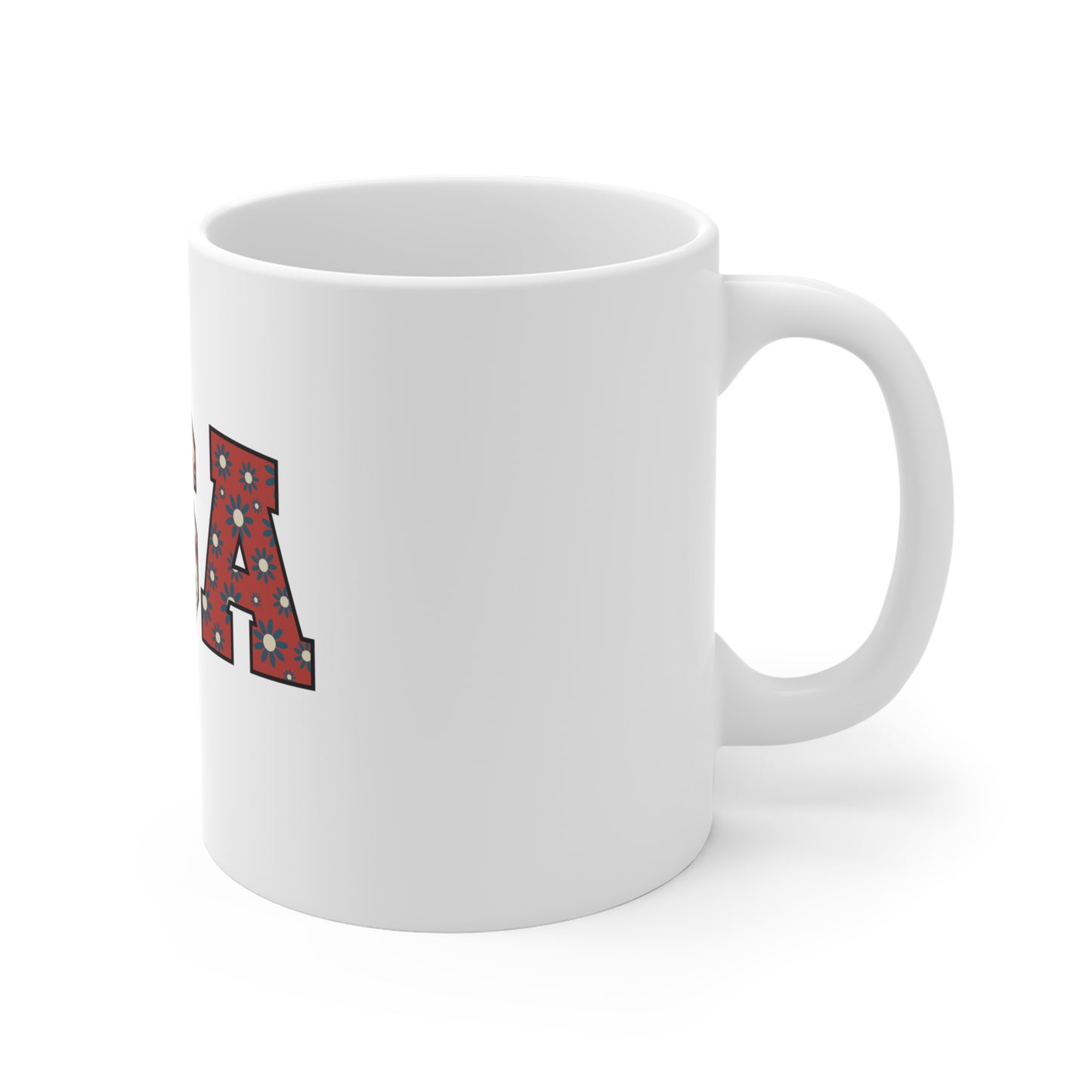 Floral USA Varsity Mug – Patriotic Flower Pattern Coffee Mug – Retro Americana Daisy USA Cup – Vintage Style USA Gift Mug 11oz