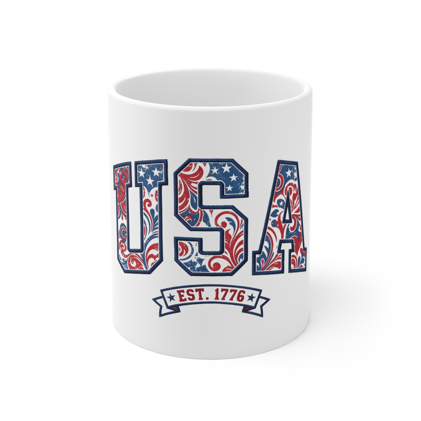 USA Patriotic Mug 11oz – 'USA Est. 1776' Red White Blue Flag Design