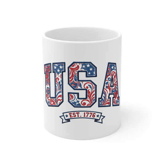 USA Patriotic Mug 11oz – 'USA Est. 1776' Red White Blue Flag Design