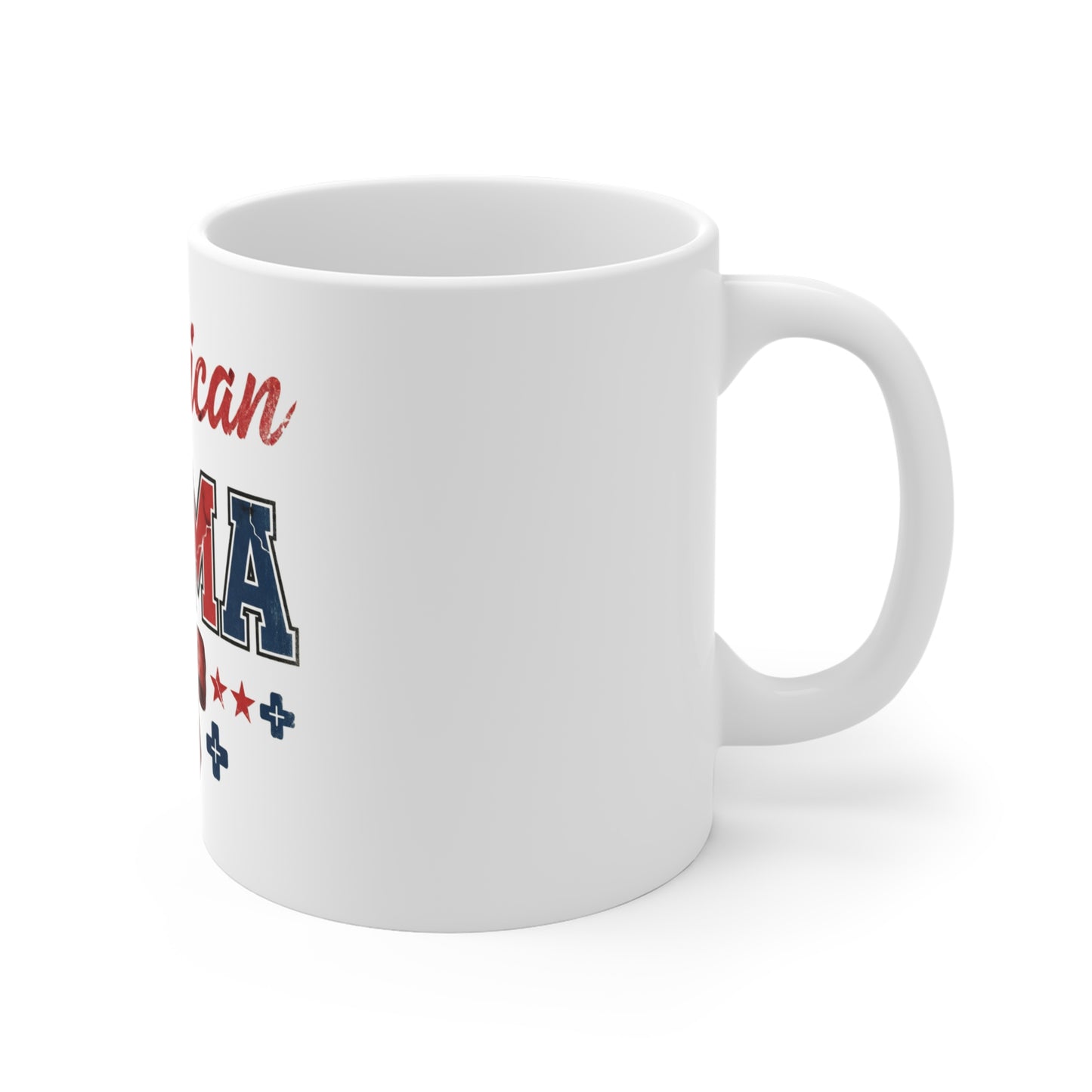 American Mama Patriotic Coffee Mug – Red White Blue USA Mom Mug – Distressed Vintage Americana Cup – Bold Patriotic Gift for Moms Mug 11oz