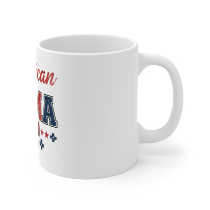American Mama Patriotic Coffee Mug – Red White Blue USA Mom Mug – Distressed Vintage Americana Cup – Bold Patriotic Gift for Moms Mug 11oz