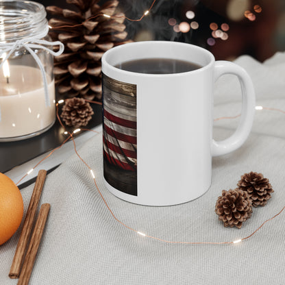 Rustic American Flag Coffee Mug – Wooden USA Flag Mug – Vintage Distressed Patriotic Mug – Rustic Americana Coffee Cup Distressed American Flag Coffee Mug - Patriotic 11oz Tea Cup