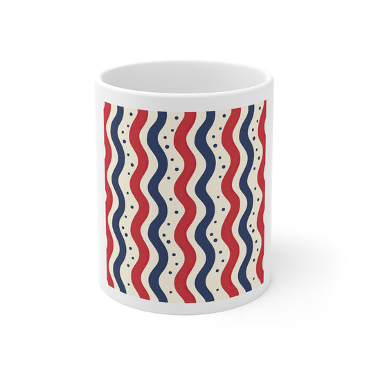Vertical Wave Stripe Coffee Mug – Patriotic Wavy Stripe Mug – Red White Blue Modern Pattern Cup – Americana Ripple Stripe Mug Patriotic Red White Blue Wavy Stripe Mug — 11oz Americana Coffee Cup...