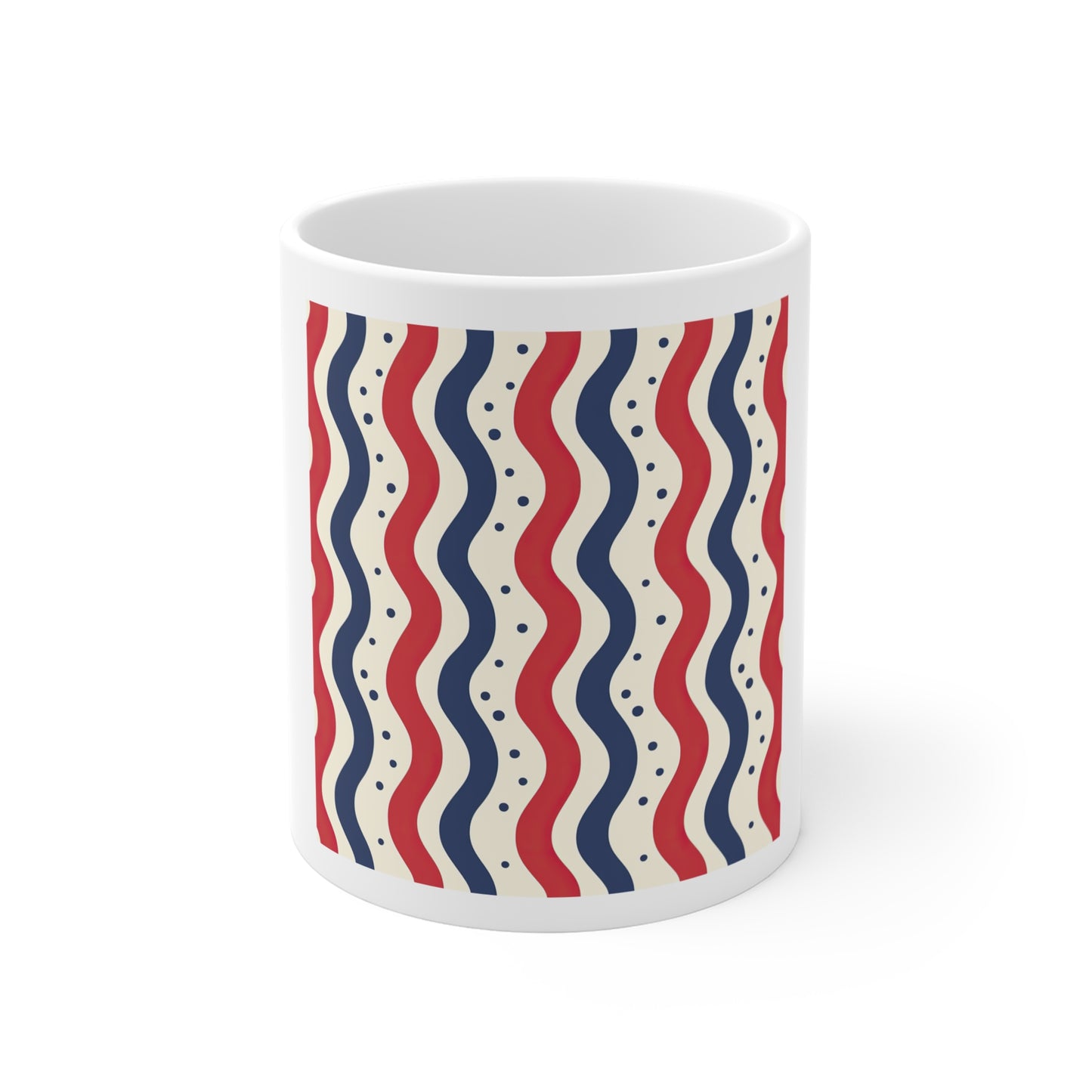 Retro Wavy Stripe Coffee Mug – Patriotic Dot Stripe Mug – Red White Blue Vertical Wave Cup – Americana Pattern Mug Patriotic Red White & Blue Wavy Stripe Mug – 11oz Americana Coffee Cup