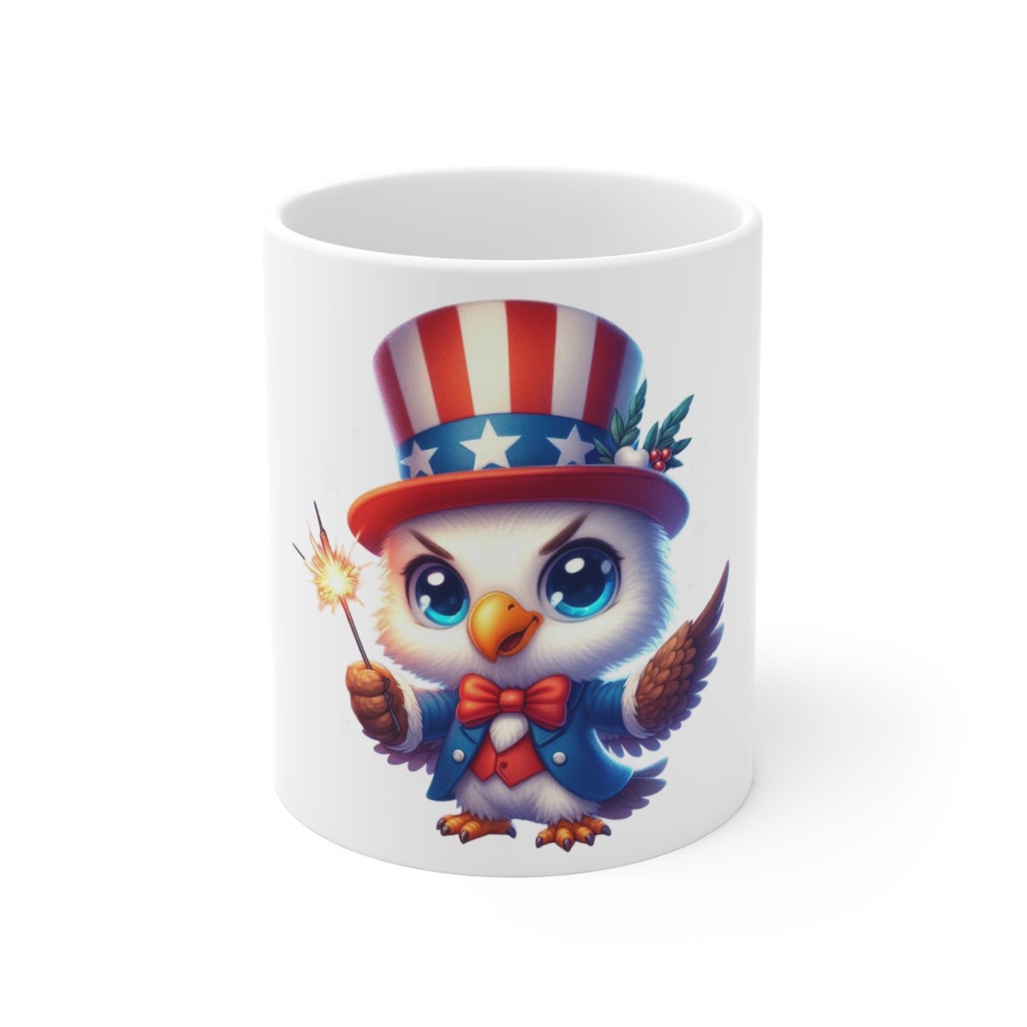 Cute Patriotic Owl Coffee Mug – Uncle Sam Owl Mug – Red White Blue Bird Cup – Adorable USA Fireworks Gift Mug 11oz