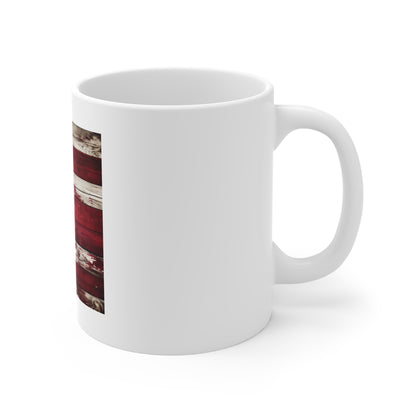 Classic Rustic American Flag Wood Coffee Mug – Weathered USA Flag Mug – Vintage Painted Wood Patriotic Cup – Americana Gift Distressed American Flag Mug — Rustic Patriotic 11oz Coffee Cup