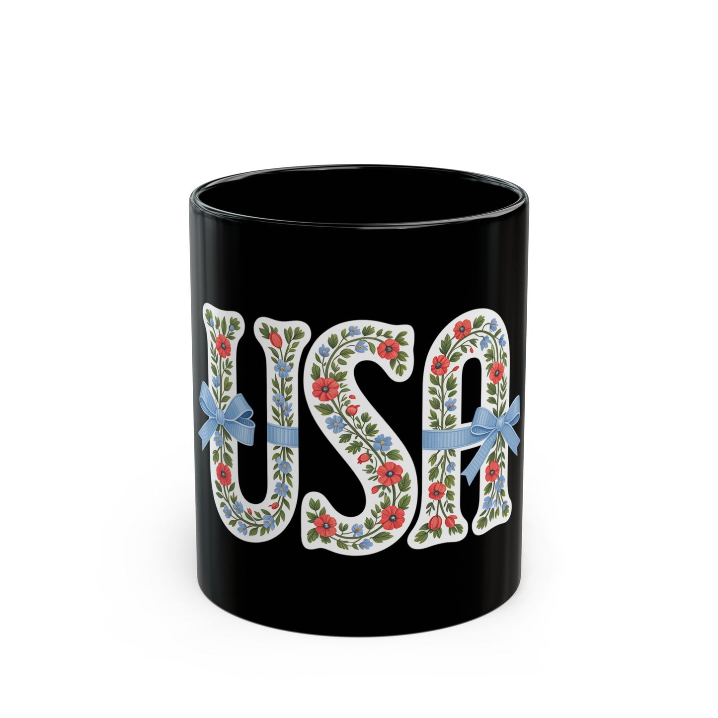 USA Floral Ribbon Mug — Patriotic Floral 11oz/15oz Black Coffee Cup