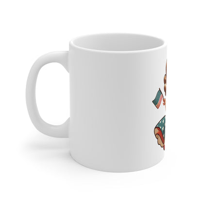 Americana Pin-Up Flag Girl Coffee Mug – Vintage Patriotic Woman Mug – Retro USA Dress Cup – Red White Blue Pinup Gift Mug 11oz