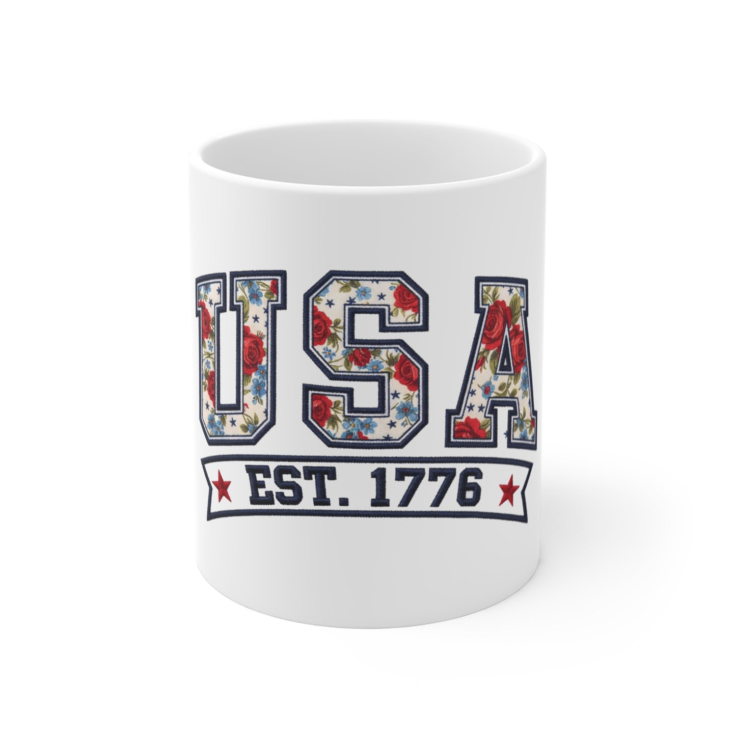 USA Est. 1776 Floral Flag Coffee Mug — Patriotic 11oz Ceramic
