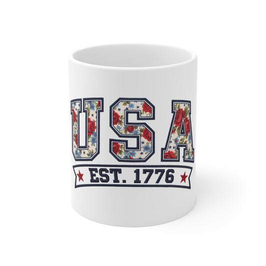 USA Est. 1776 Floral Flag Coffee Mug — Patriotic 11oz Ceramic