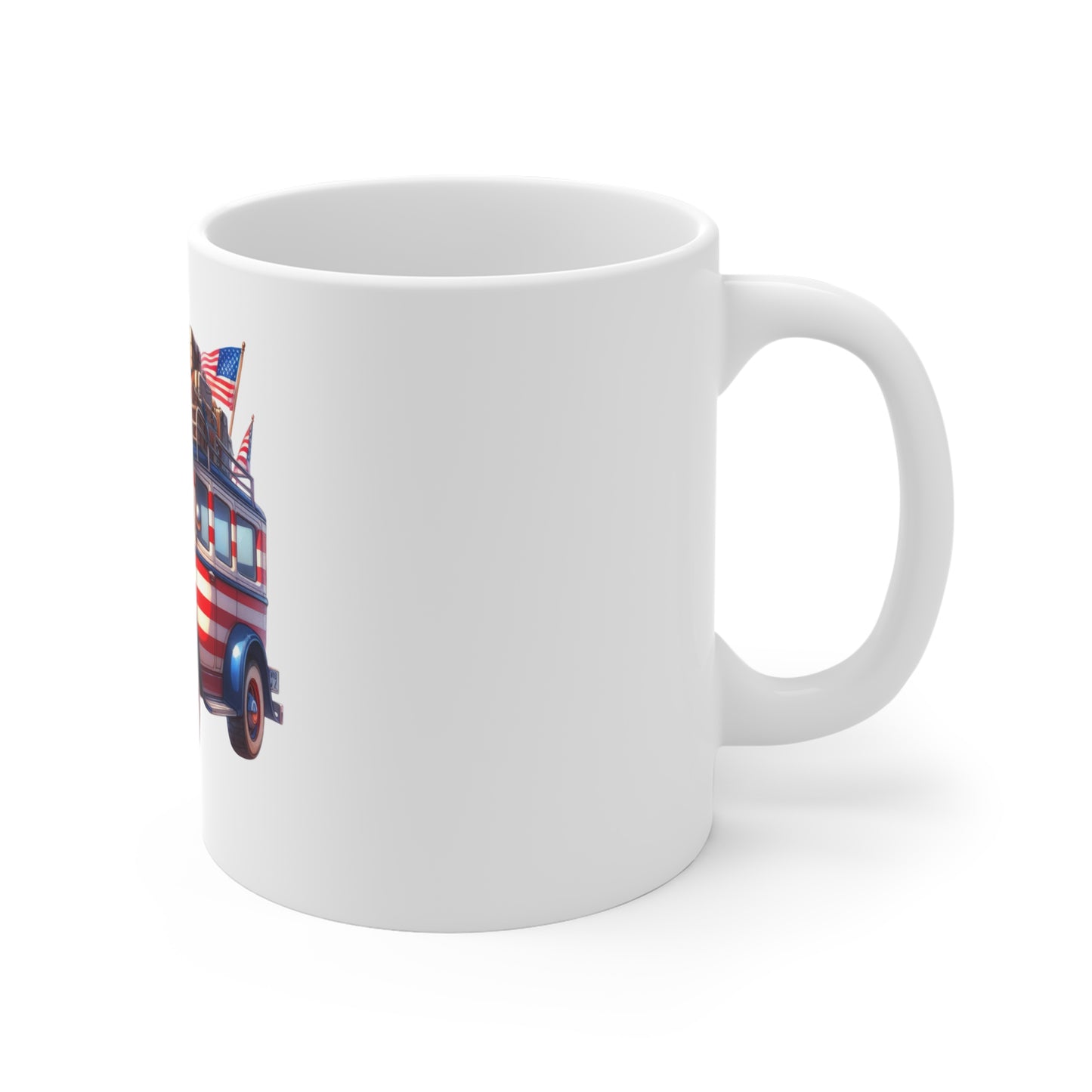 American Vintage Roadster Mug — Patriotic 11oz Coffee Cup with Flag-Striped Classic Car