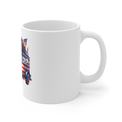American Vintage Roadster Mug — Patriotic 11oz Coffee Cup with Flag-Striped Classic Car
