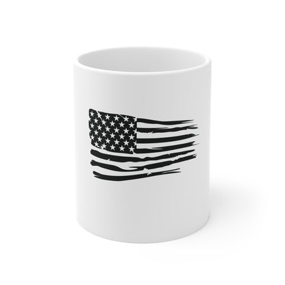 Blacked-Out Distressed American Flag Coffee Mug – Stealth USA Flag Mug – Minimalist Patriotic Cup – Subdued Grunge Flag Design Mug 11oz