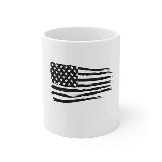 Blacked-Out Distressed American Flag Coffee Mug – Stealth USA Flag Mug – Minimalist Patriotic Cup – Subdued Grunge Flag Design Mug 11oz