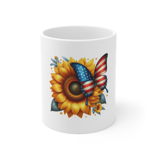 Sunflower with American Flag Butterfly Mug — Patriotic 11oz Coffee Cup