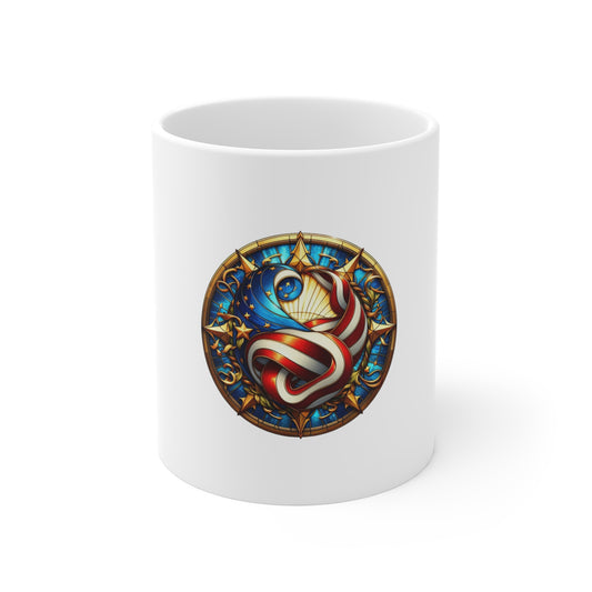 Stained Glass American Flag Burst Mug – Patriotic Sunburst Coffee Mug – USA Flag Radiant Art Cup – Red White Blue Gift Mug 11oz