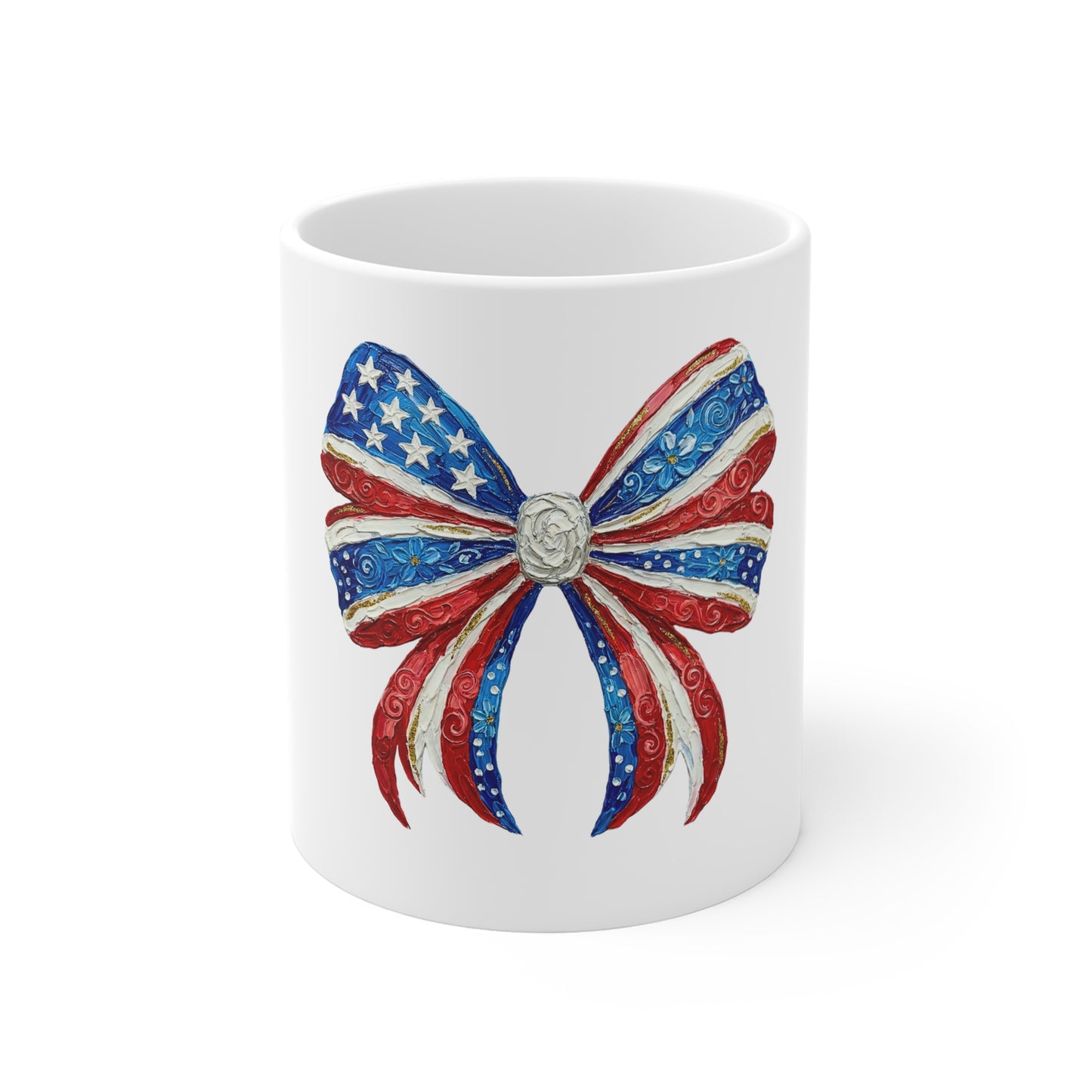 Patriotic American Flag Bow Mug - 11oz Fourth of July Coffee Cup