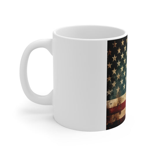 Distressed American Flag Coffee Mug – Vintage Grunge USA Flag Mug – Rustic Patriotic Mug – Weathered Americana Gift11oz
