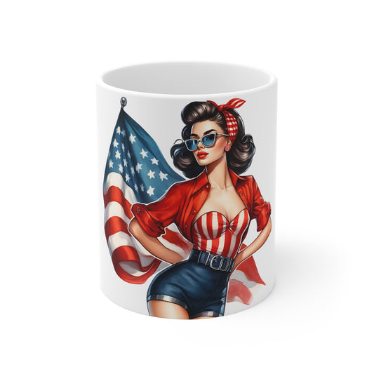 Patriotic Retro Pin Up Woman Mug – American Flag Vintage Style Coffee Mug – USA Pride Cup – 4th of July Gift – Bold Americana Pin Up Patriotic Pin-Up Coffee Mug — American Flag Retro Rosie Girl 11oz...