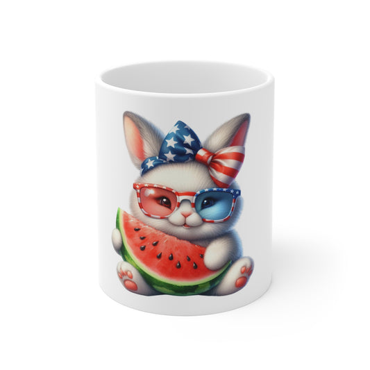 Cute Patriotic Bunny Coffee Mug – Red White Blue Rabbit Mug – Kawaii Americana Animal Cup – Watermelon Summer Gift Mug 11oz
