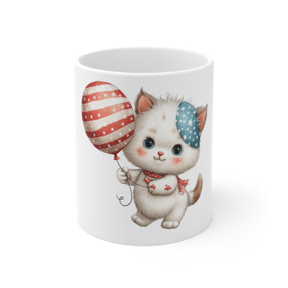 Cute Patriotic Kitten Balloon Mug – 4th of July Cat Coffee Mug – Red White Blue Kawaii Style Mug – Adorable Americana Gift Cup Patriotic Kitty 11oz Mug – Cute Cat with Stars & Stripes Balloon, Fourth...