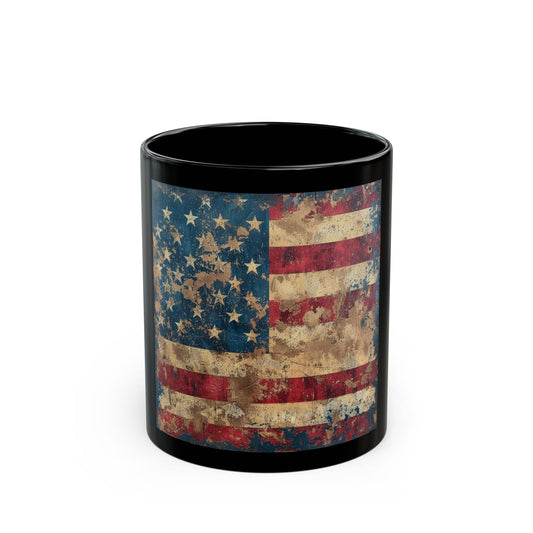 Distressed American Flag Black Mug — Vintage USA Patriotic Coffee Cup (11oz & 15oz)