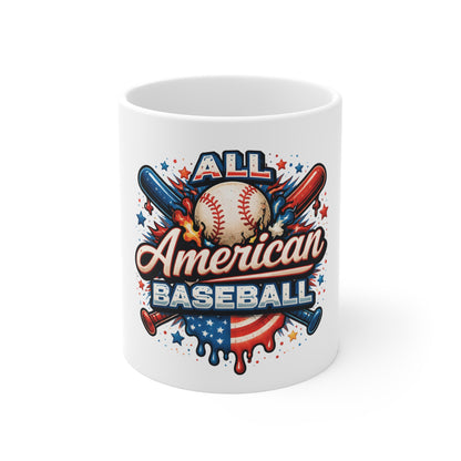 All American Baseball Mug – Patriotic Baseball Fan Coffee Cup – USA Baseball Gift – Red White Blue Sports Mug 11oz