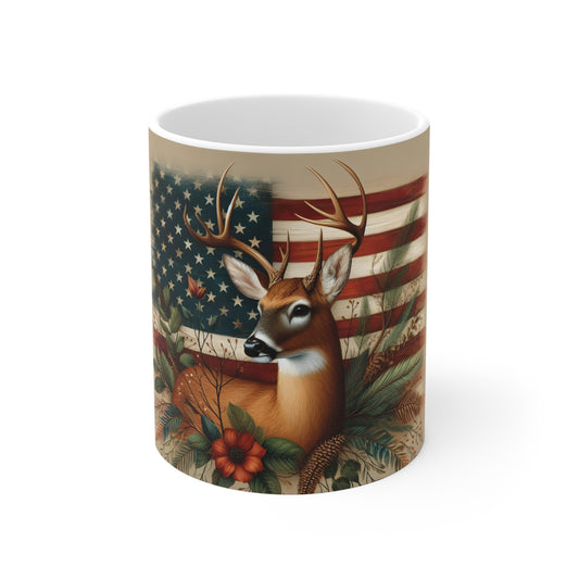 Patriotic Whitetail Deer Coffee Mug – American Flag Deer Mug – Rustic Floral Buck Art Cup – Americana Wildlife Gift Mug 11oz