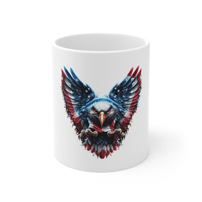 Fierce Patriotic Eagle Coffee Mug – American Flag Wings Mug – USA Freedom Talons Mug 11oz