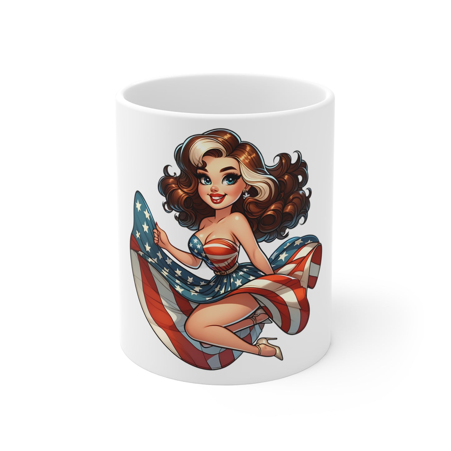 Patriotic Pin-Up Woman Coffee Mug – Retro Americana Girl Mug – Stars and Stripes Dress Cup – Vintage USA Beauty Mug – Fourth of July Gift Patriotic Pin-Up Mug — 11oz Retro American Flag Pinup Coffee...