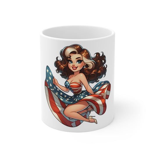 Patriotic Pin-Up Woman Coffee Mug – Retro Americana Girl Mug – Stars and Stripes Dress Cup – Vintage USA Beauty Mug – Fourth of July Gift Patriotic Pin-Up Mug — 11oz Retro American Flag Pinup Coffee...