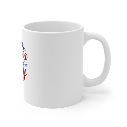 Honor and Glory Mug — Patriotic 11oz Coffee Cup (Red & Blue Ribbon Design)
